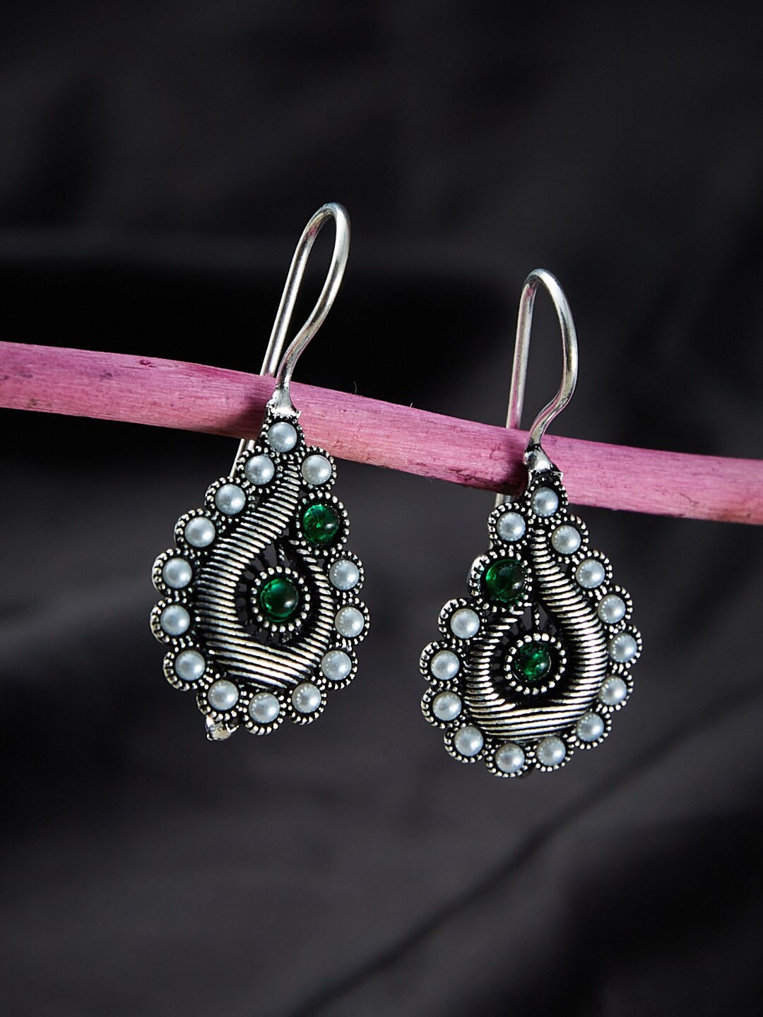

ATIBELLE German Silver Silver-Plated Studded and Beaded Contemporary Drop Earrings