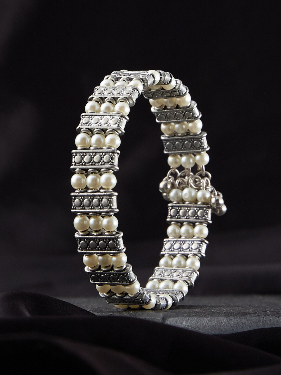 

ATIBELLE Silver-Plated Pearl Beaded Adjustable Bangle-Style Bracelet