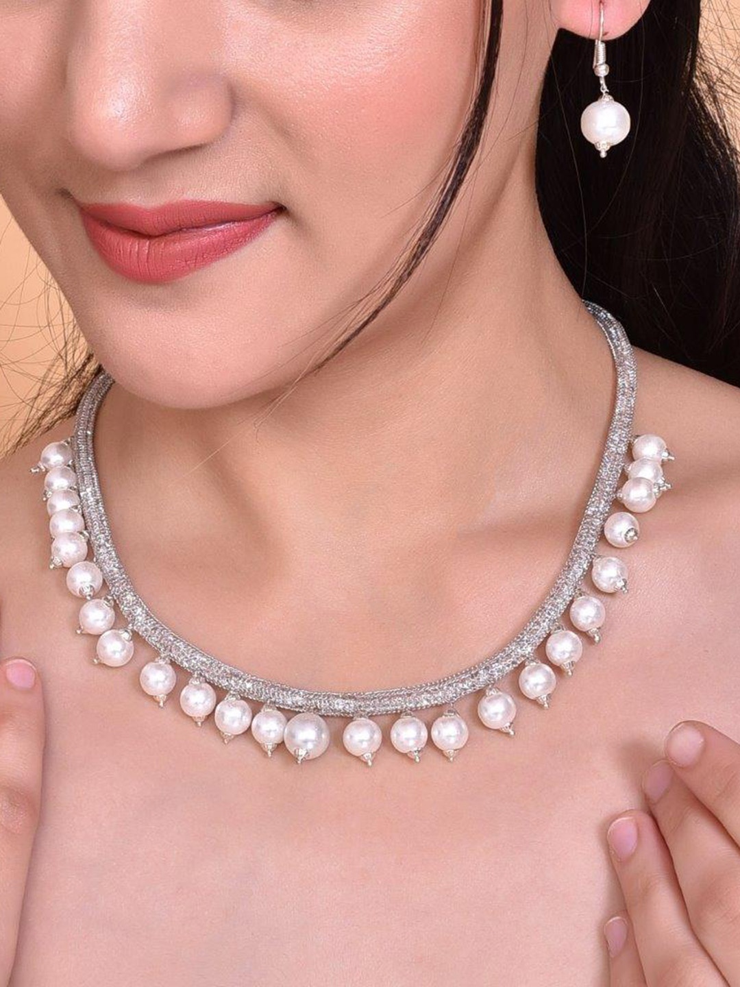 VOJ Silver-Plated Artificial Beads Beaded Necklace & Earrings