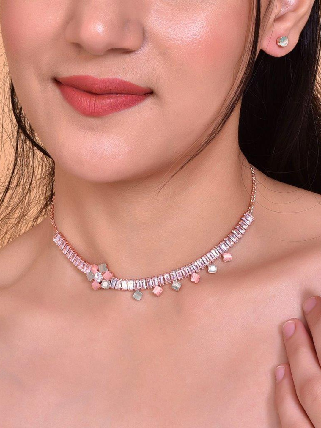 

VOJ Rose Gold-Plated AD-Studded Jewellery Set