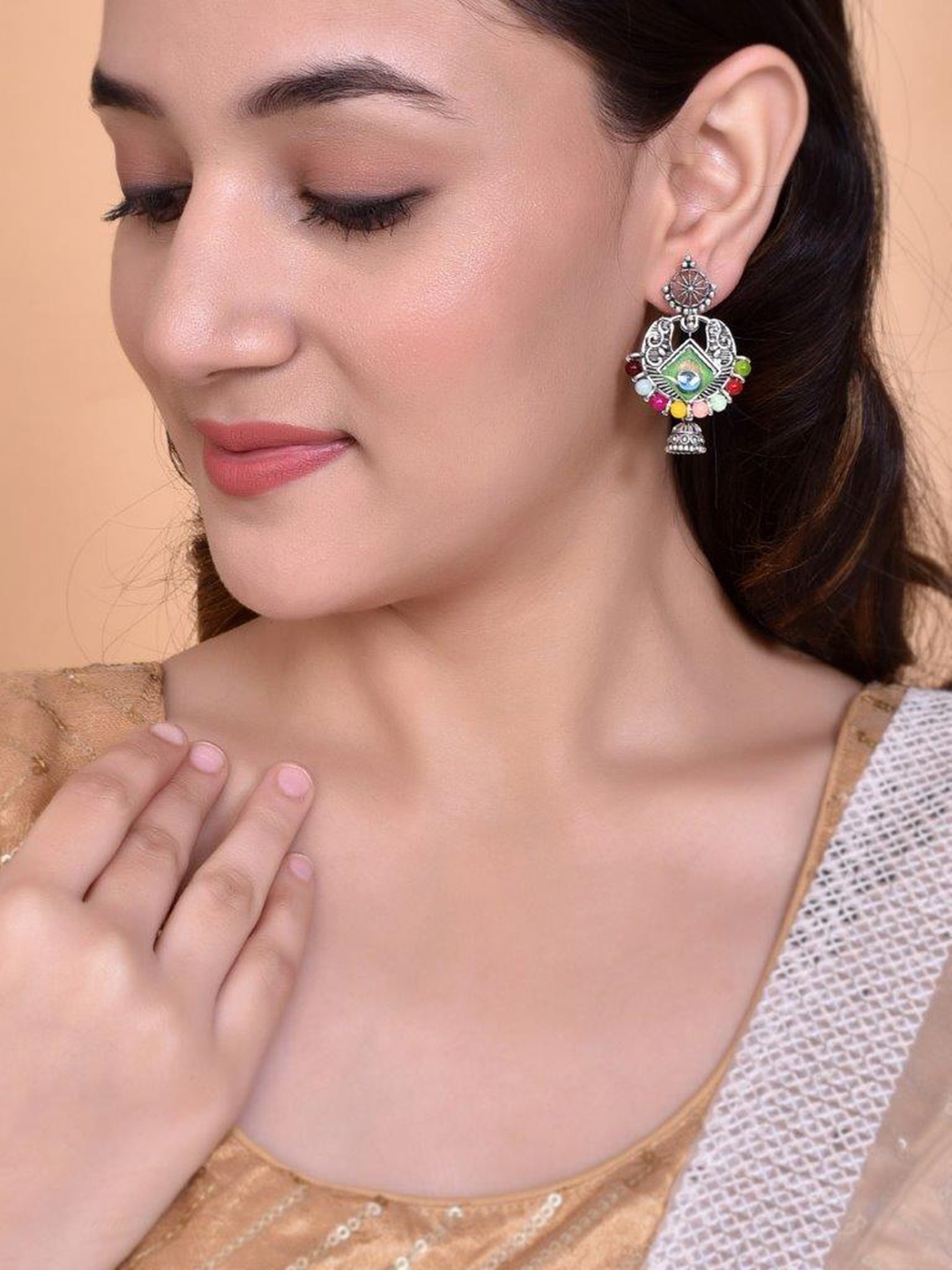 

VOJ Silver Plated Peacock Jhumkas