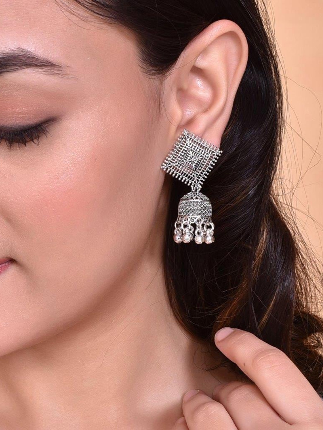 VOJ Silver Plated Dome Shaped Jhumkas
