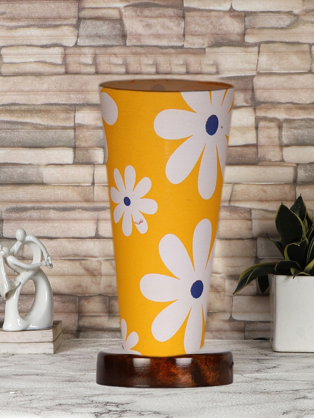

Devansh Yellow and Brown cotton lamp with Round wooden base Table Lamps