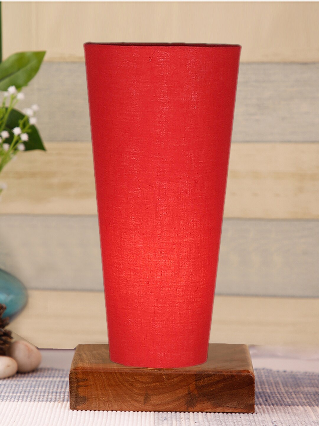 

Devansh Red Cotton Cylinder Table Lamps With Brown Square Wood Base