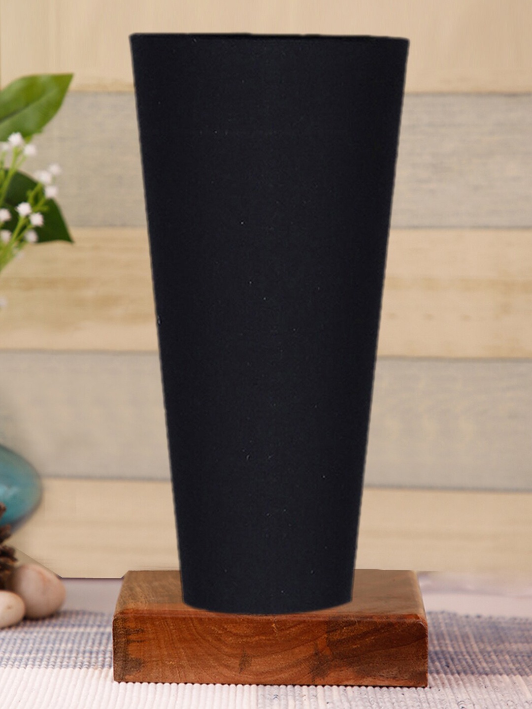 Devansh Black Cotton Cylinder Table Lamps With Brown Square Wood Base