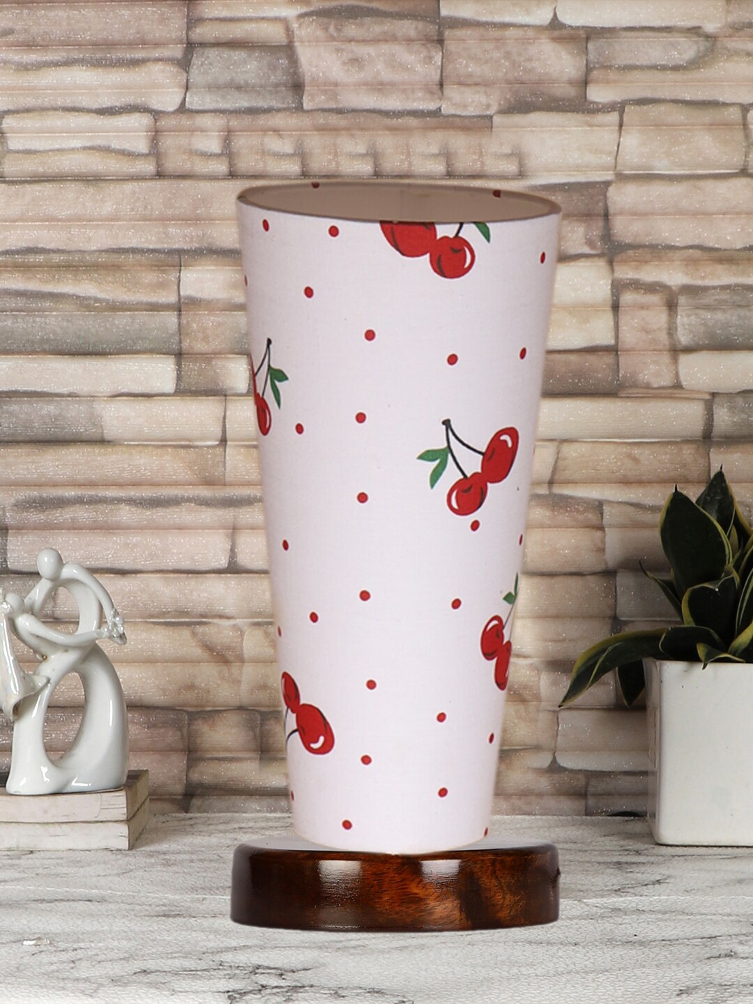 Devansh White & Red Cotton Cylinder Table Lamps With Brown Round Wood Base