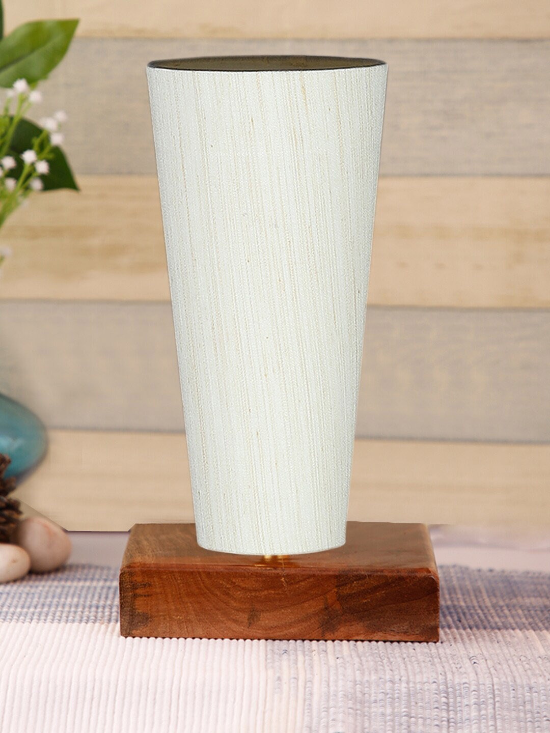 

Devansh Off White Cotton Cylinder Table Lamps With Brown Square Wood Base
