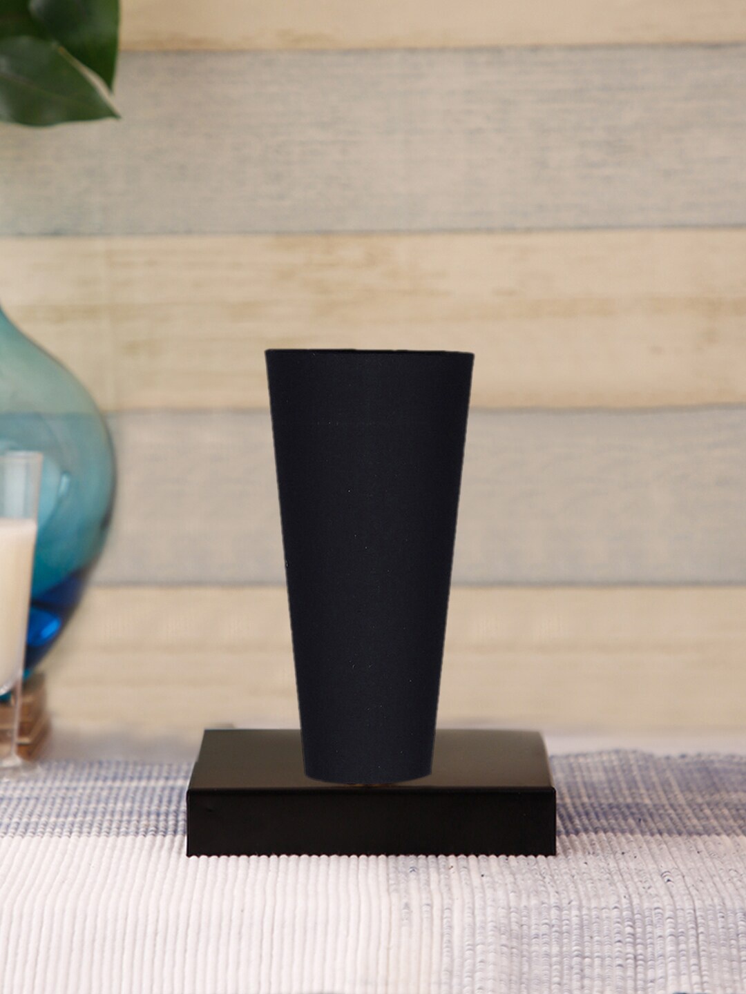 Devansh Black Cotton Cylinder Table Lamps With Black Square Wood Base