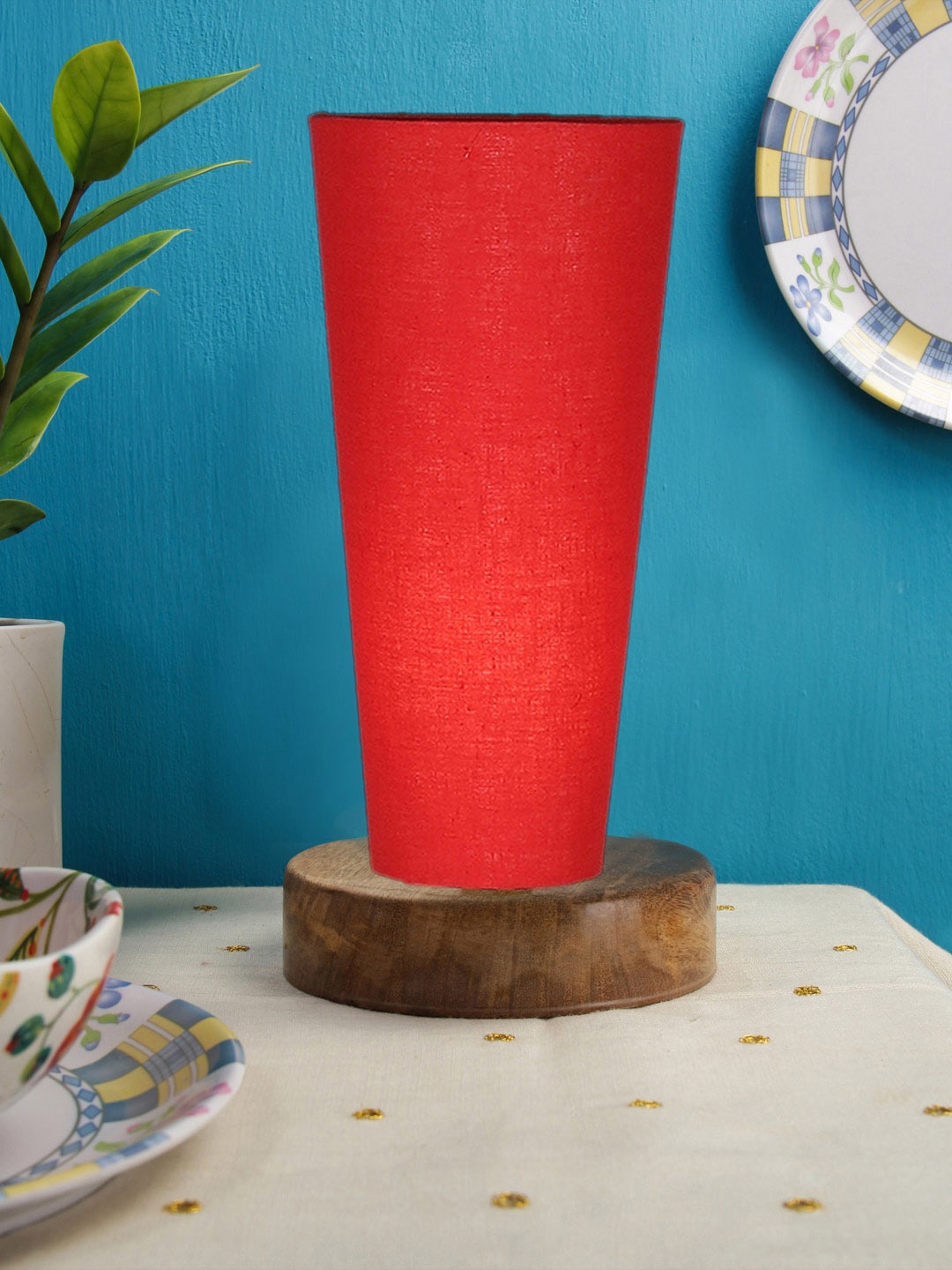 

Devansh Red Cotton Cylinder Table Lamps With White Round Wood Base