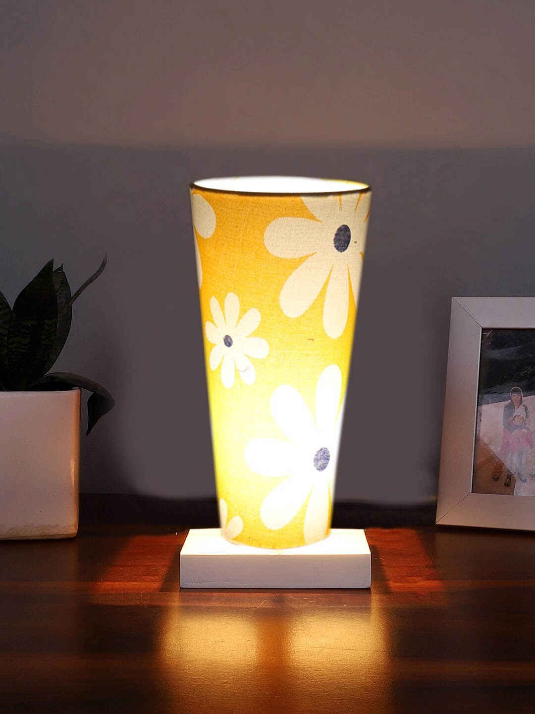 Devansh Yellow & White Printed Wooden Cylinder Shaped Table Lamp