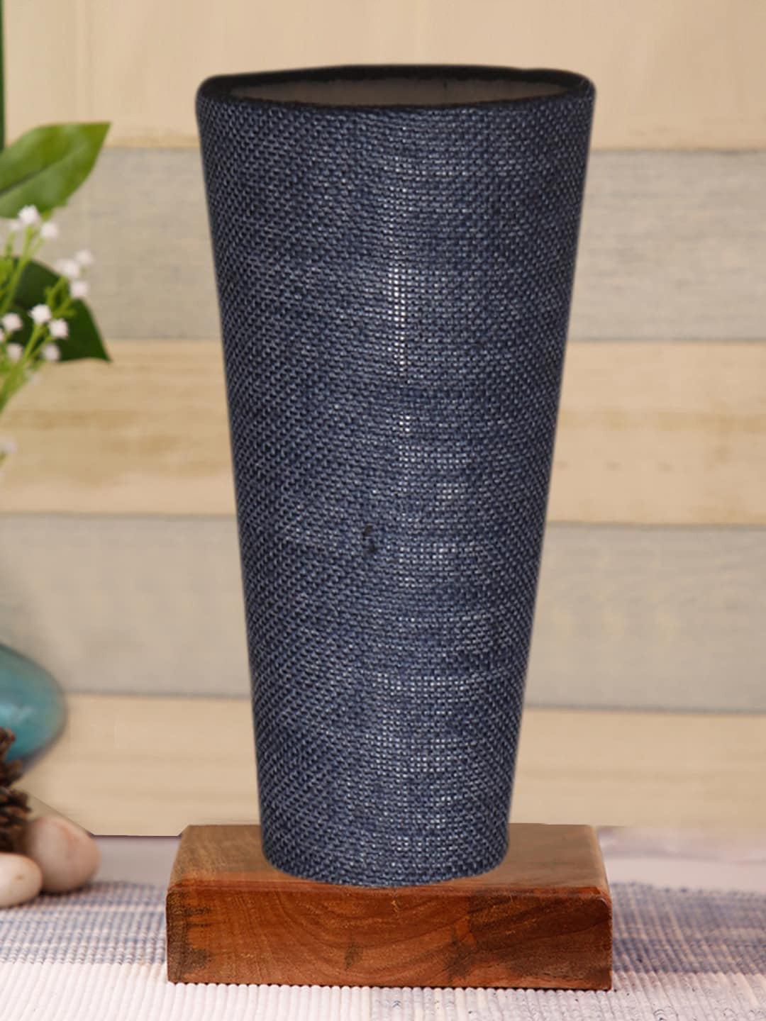 

Devansh Blue Jute Cylinder Table Lamps With Brown Square Wood Base
