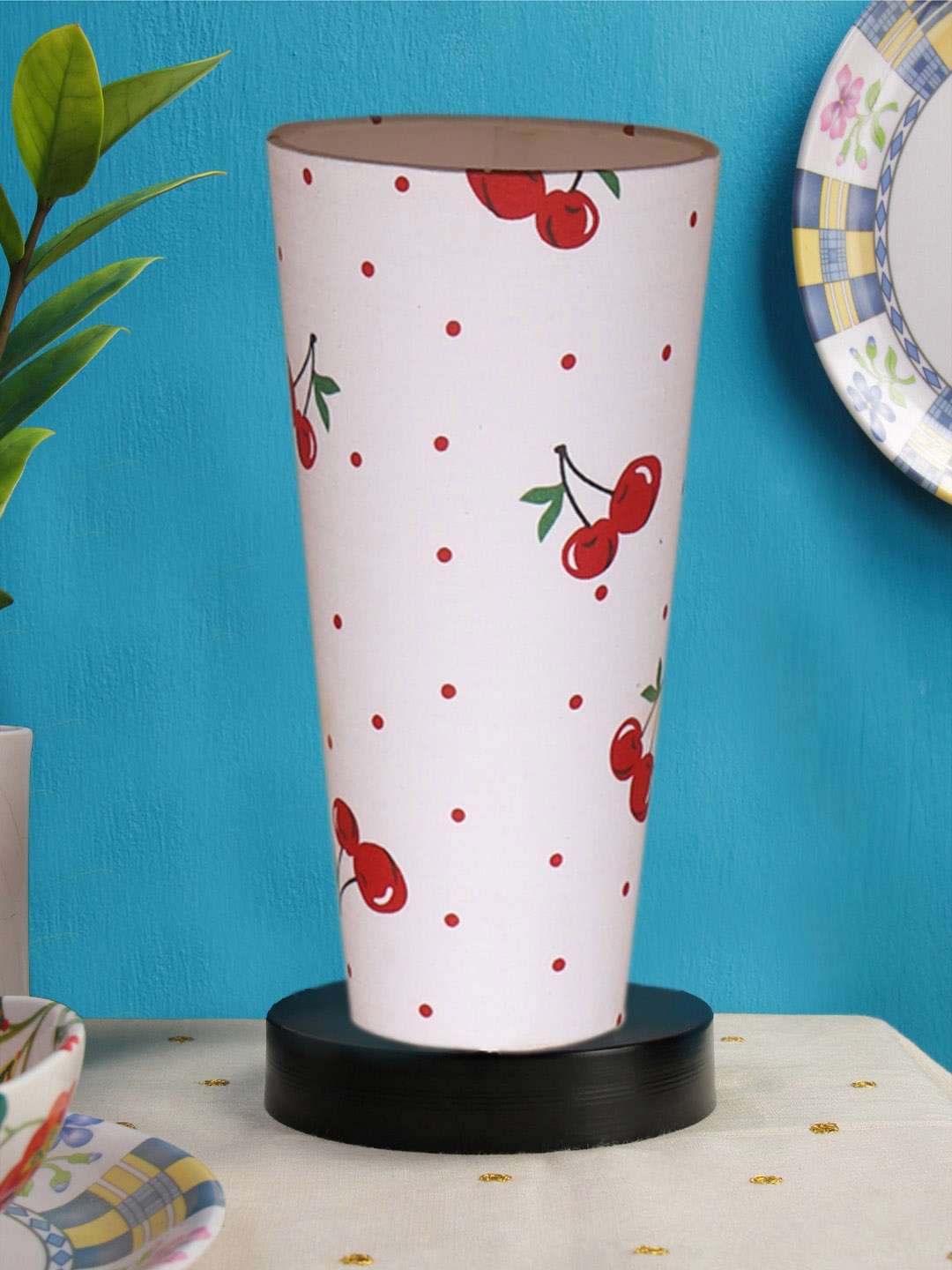 

Devansh White Cotton Cylinder Table Lamps With Black Round Wood Base