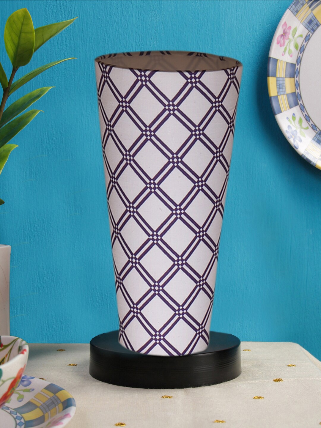Devansh White Cotton Cylinder Table Lamps With Brown Round Wood Base