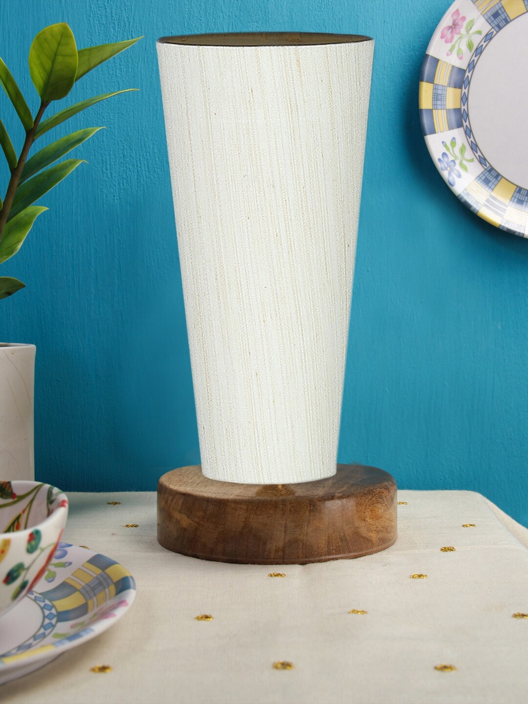 

Devansh Off White Cotton Cylinder Table Lamps With White Round Wood Base
