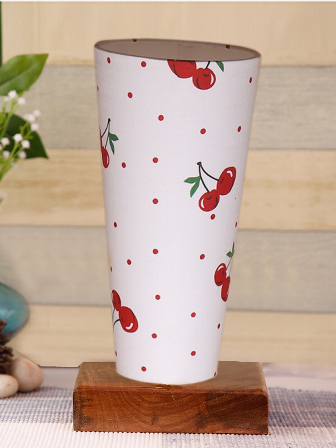 Devansh White & Red Printed Wooden Cylinder Shaped Table Lamp