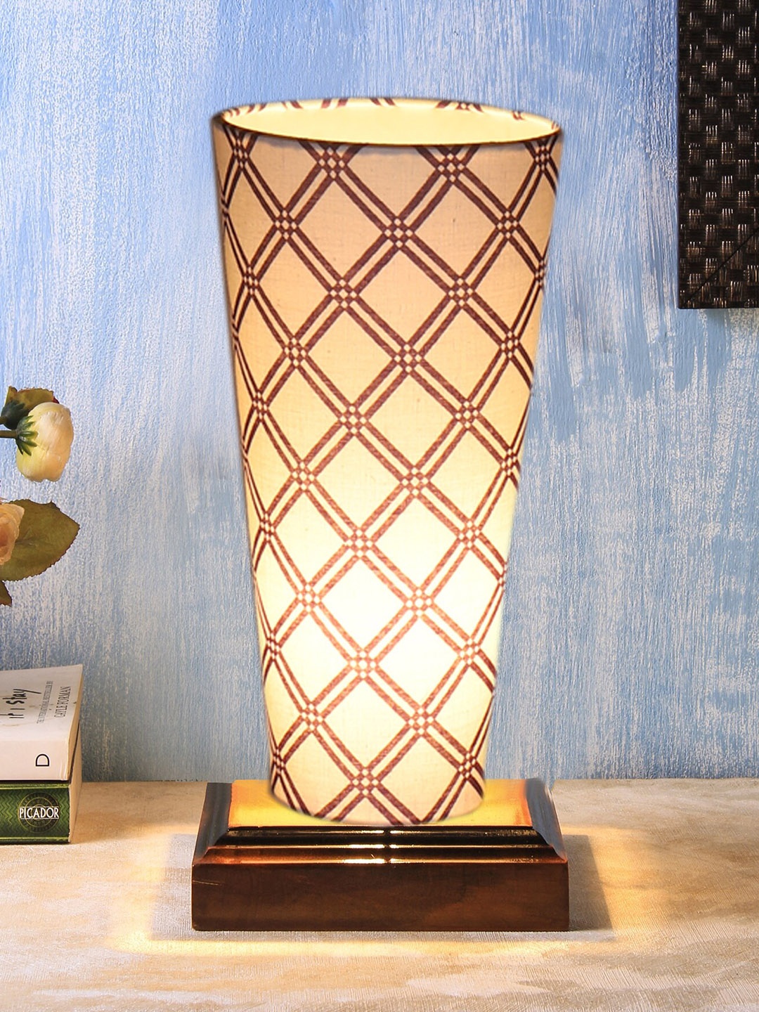 Devansh White Cotton Cylinder Table Lamps With Brown Round Wood Base