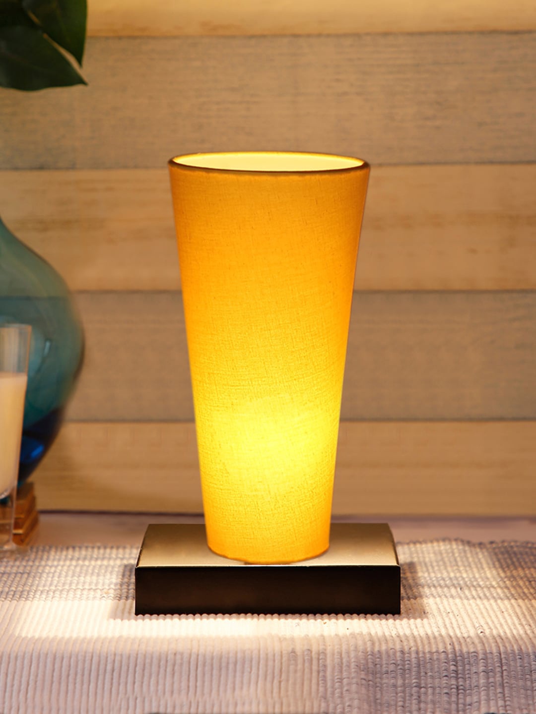 

Devansh Yellow Cotton Cylinder Table Lamps With Black Square Wood Base