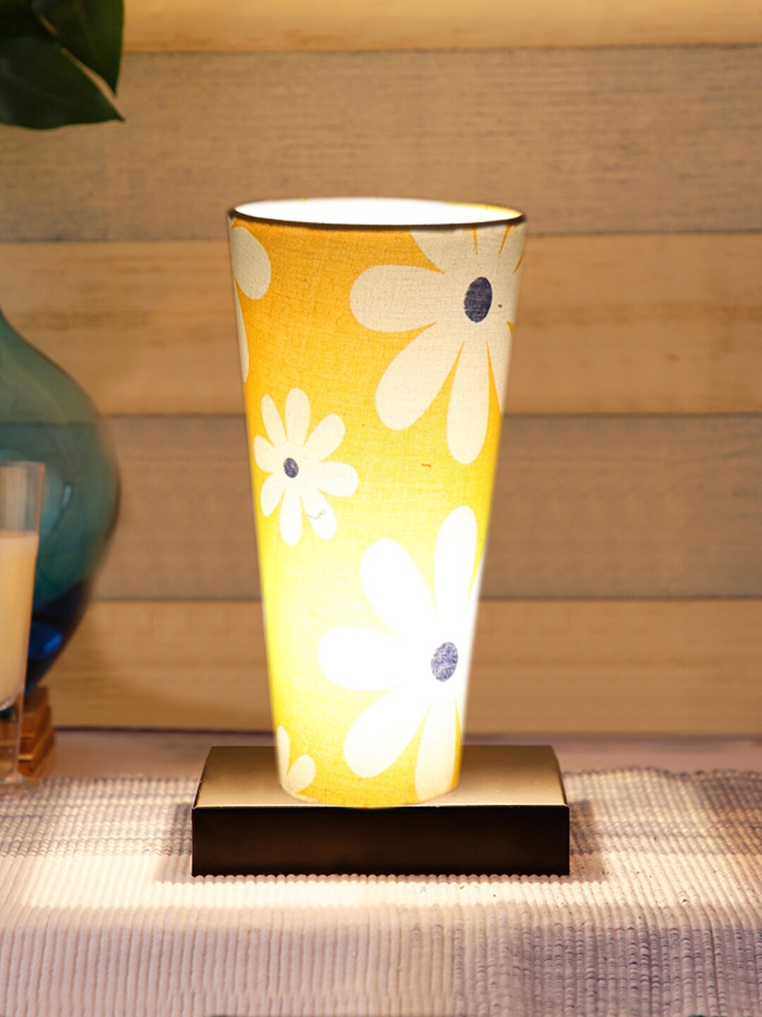 Devansh Yellow & White Printed Wooden Cylinder Shaped Table Lamp