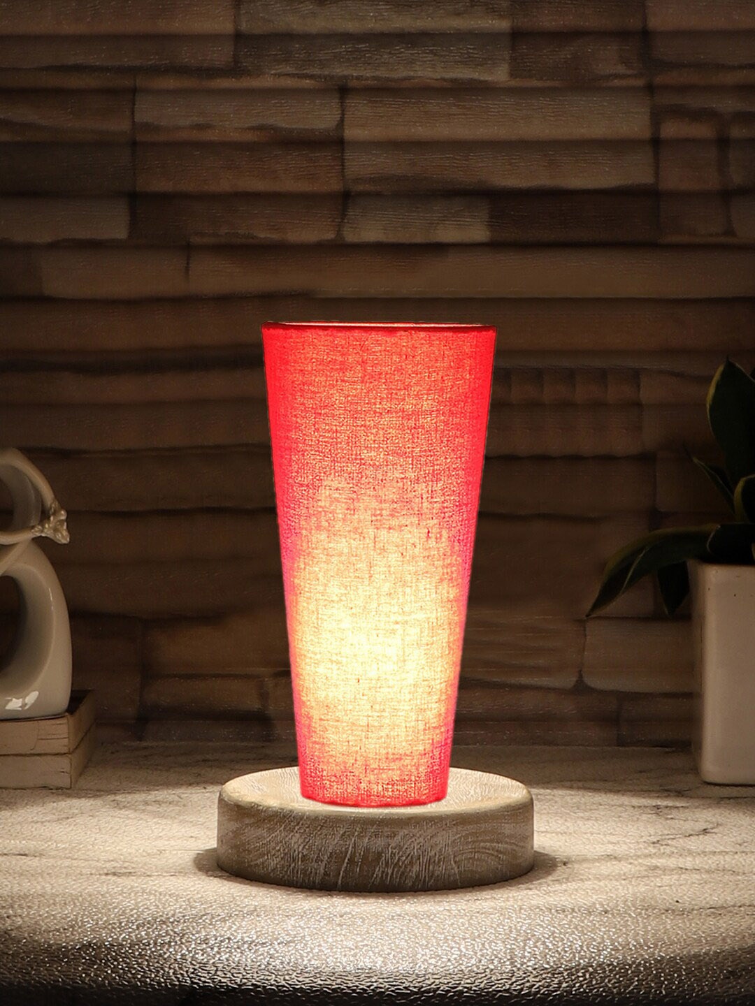 

Devansh Red Cotton Cylinder Table Lamps With Brown Round Wood Base