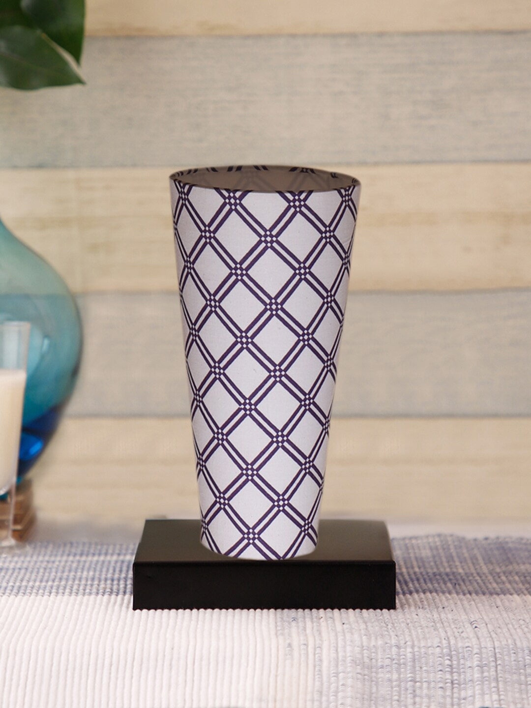 Devansh White Cotton Cylinder Table Lamps With Brown Square Wood Base