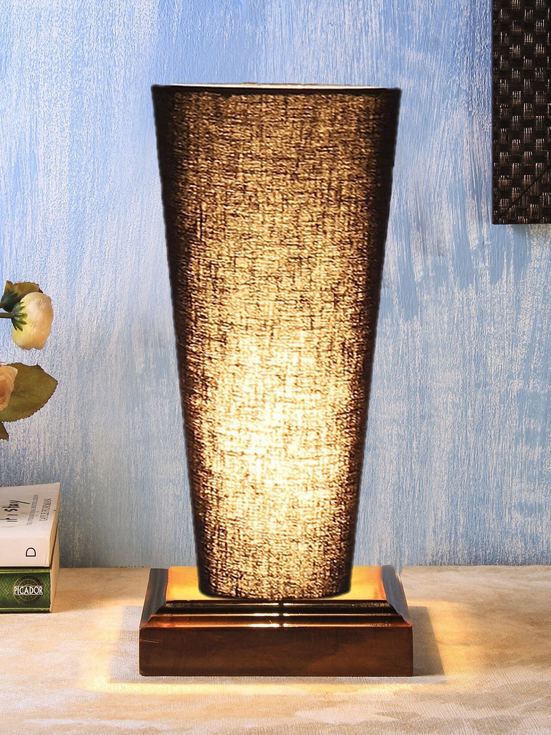 

Devansh Black Cotton Cylinder Table Lamps With Brown Square Wood Base