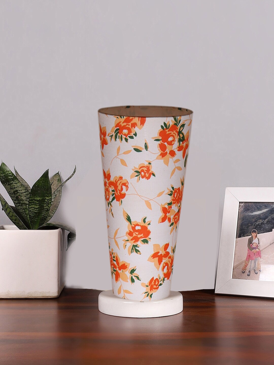 Devansh White & Orange Cotton Cylinder Table Lamps With White Round Wood Base
