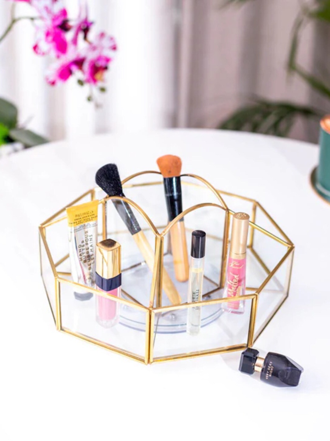 

THEDECORKART Gold Toned & Transparent Makeup Organiser