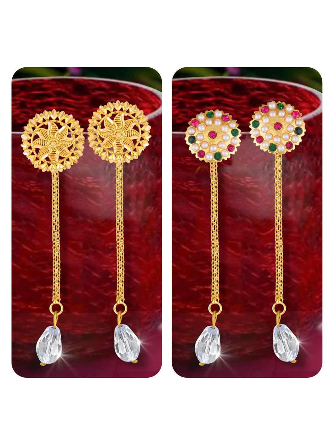 

Vighnaharta Set Of 2 Gold-Plated Studs Earrings With Removable Jhumkis