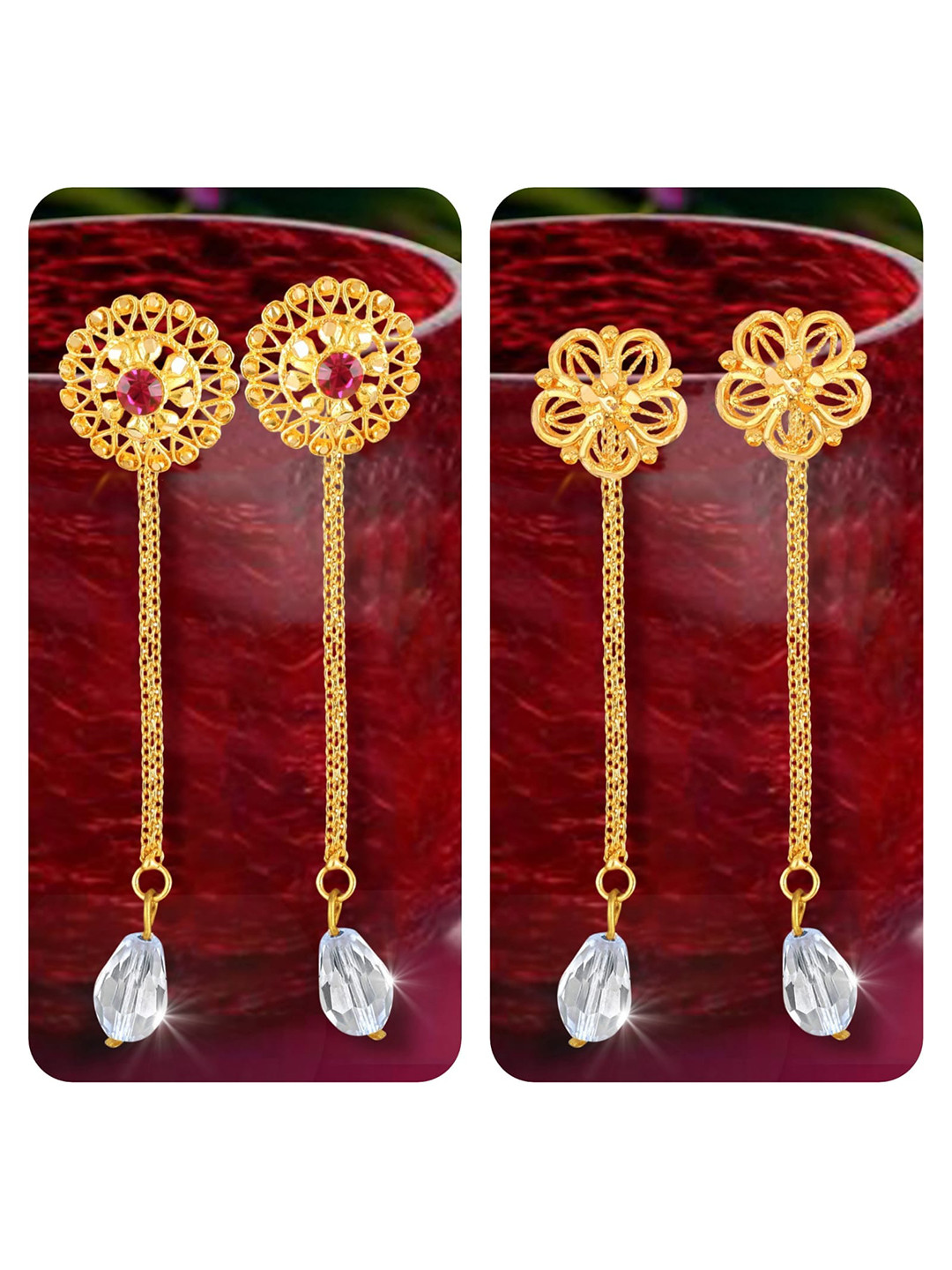 

Vighnaharta Set Of 2 Gold-Plated Crystals-Studded Drop Earrings