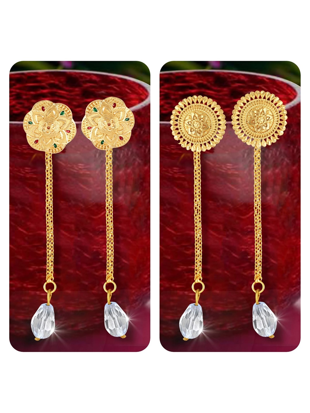 

Vighnaharta Set Of 2 Gold-Plated Crystal Studded Drop Earrings With Removable Studs