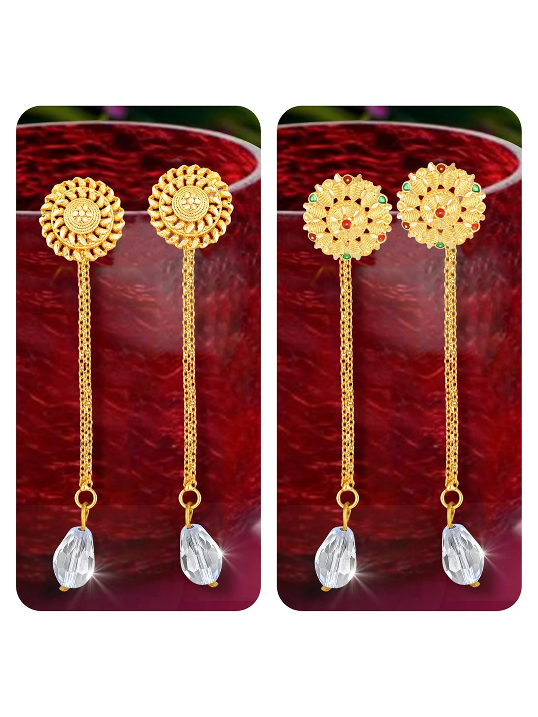 

Vighnaharta Set Of 2 Gold Plated Crystals Stone Studded Studs Earrings & Removable Chain