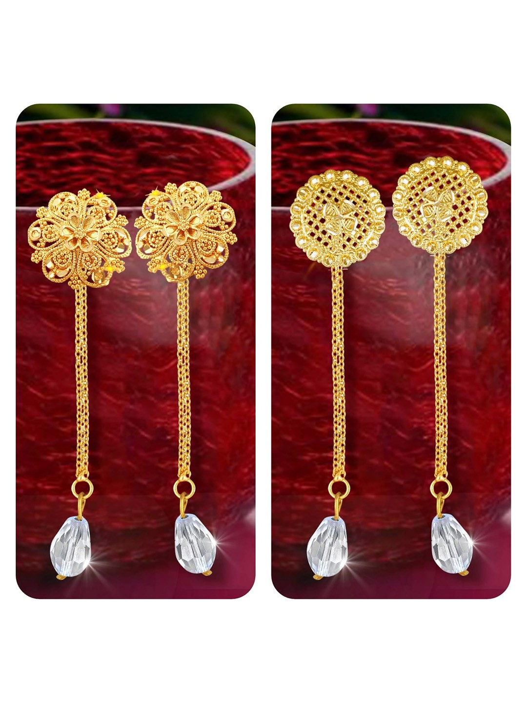 Vighnaharta Set Of 2 Gold-Plated Studs Earrings With Removable Jhumkis