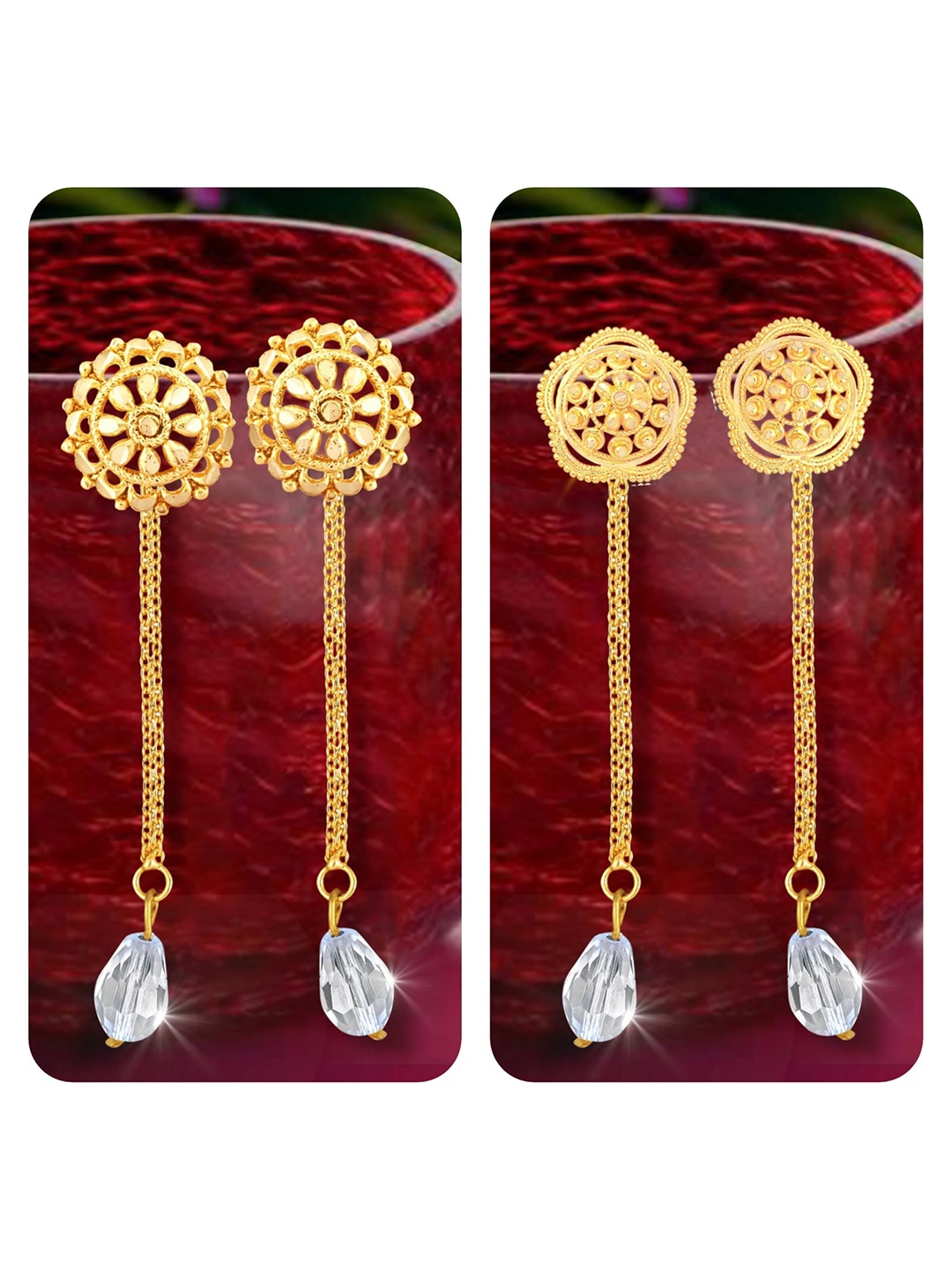 

Vighnaharta Set Of 2 Gold-Plated Studs Earrings With Removable Jhumkis