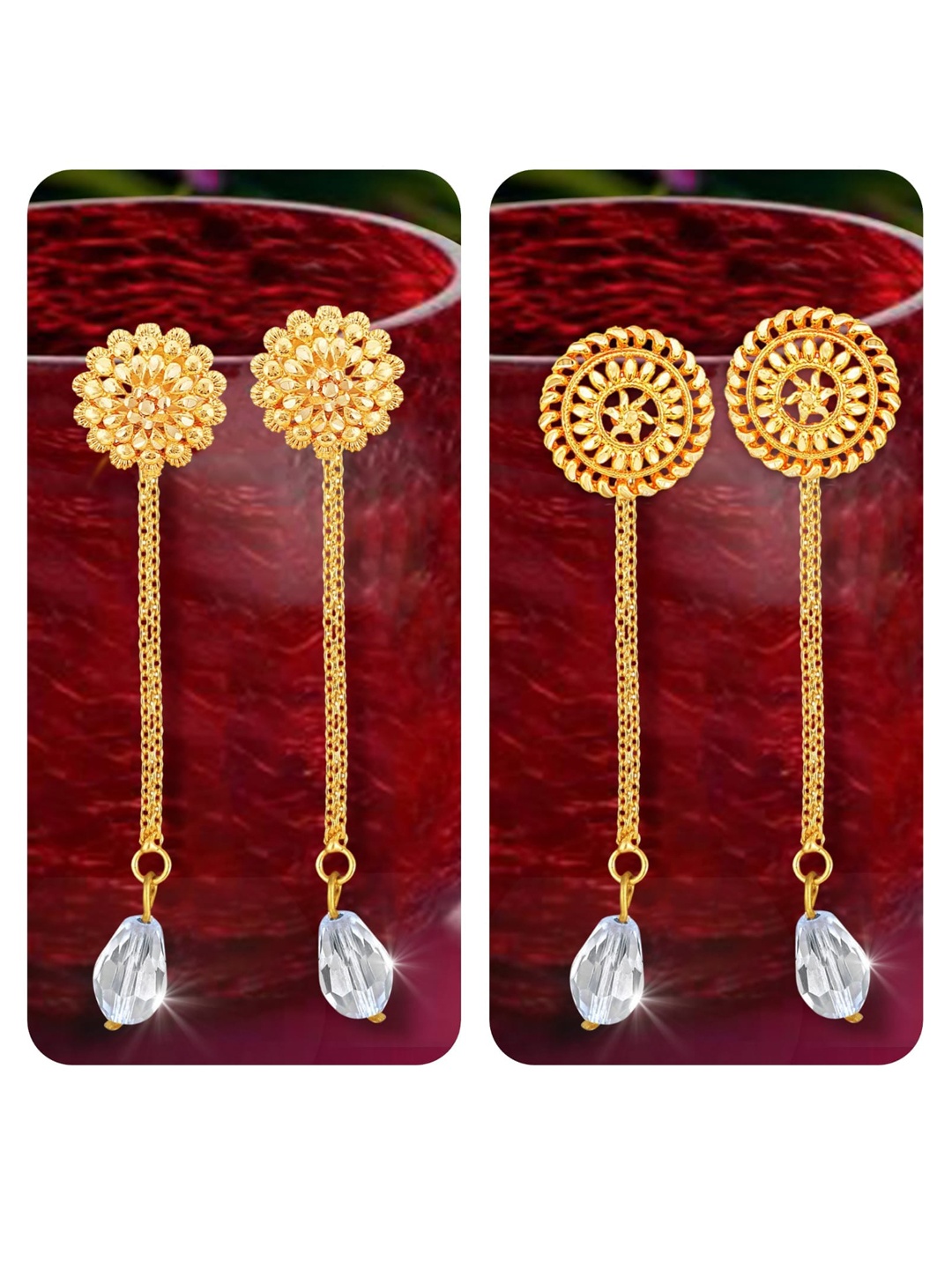 Vighnaharta Set Of 2 Gold-Plated Stud Earrings With Removable Chain Drop