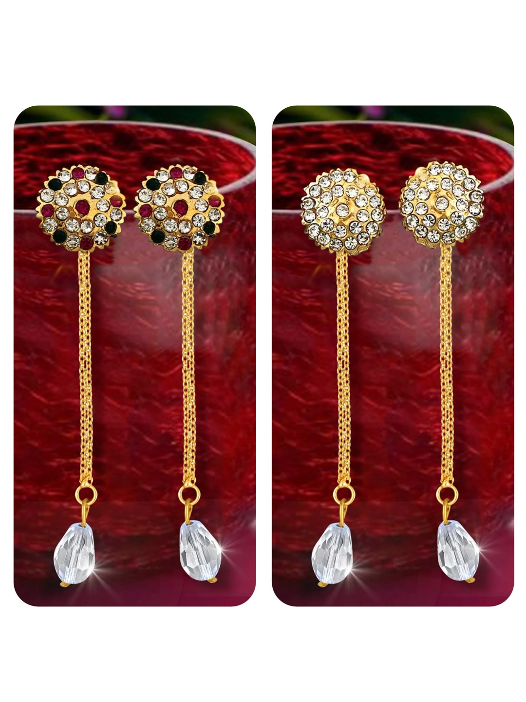 

Vighnaharta Set Of 2 Gold-Plated Crystal Studded Drop Earrings With Removable Studs