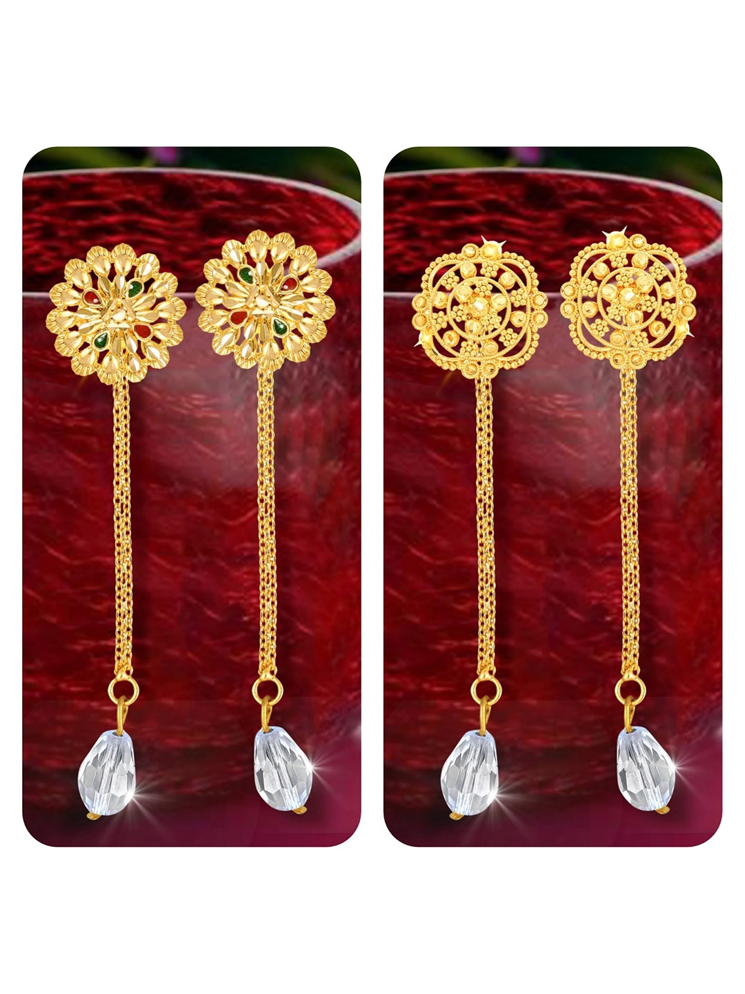 

Vighnaharta Set Of 2 Gold Plated Crystals Drop Earrings