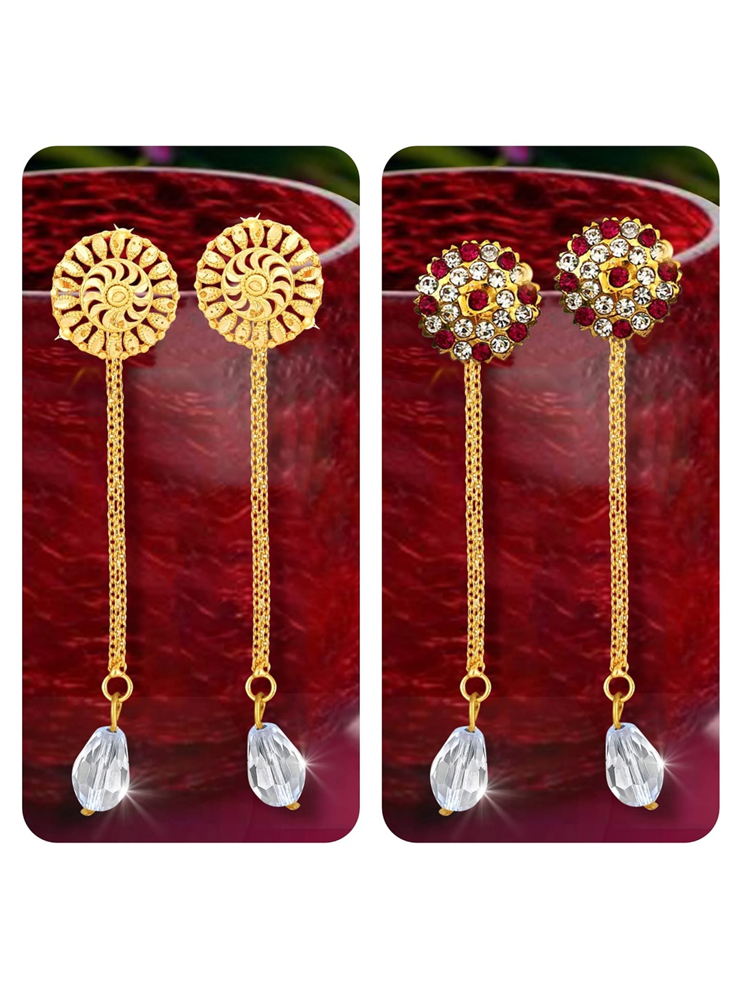 

Vighnaharta Set Of 2 Gold-Plated Stud Earrings With Removable Chain Drop