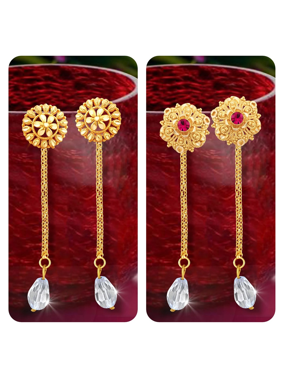 

Vighnaharta Set Of 2 Gold-Plated Crystal Studded Drop Earrings With Removable Studs