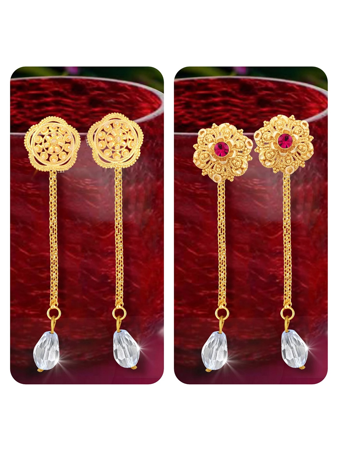 

Vighnaharta Set Of 2 Gold-Plated Studs Earrings With Removable Jhumkis