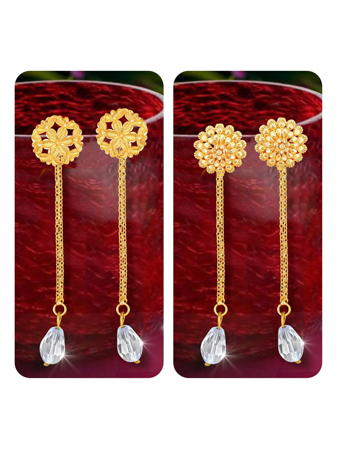 

Vighnaharta Set Of 2 Gold-Plated Studs Earrings With Removable Jhumkis