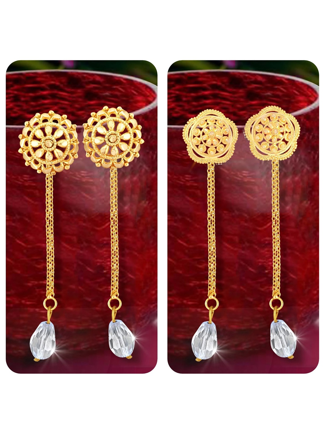 

Vighnaharta Set Of 2 Gold-Plated Stud Earrings With Removable Chain Drop