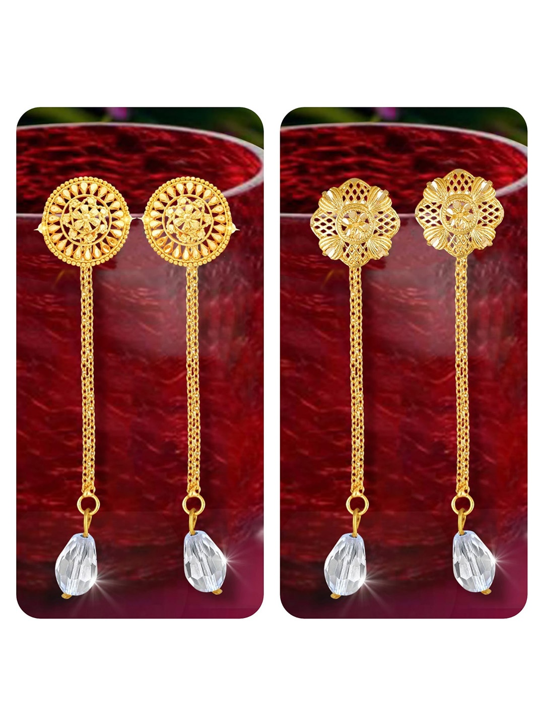 Vighnaharta Set Of 2 Gold-Plated Crystals-Studded Drop Earrings
