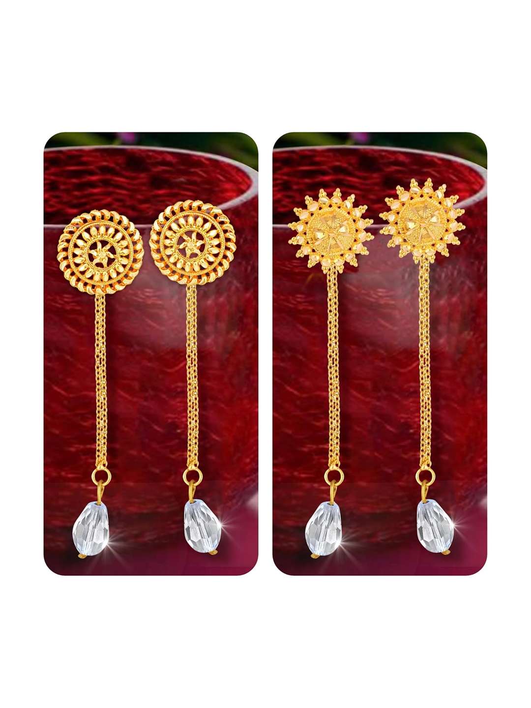 

Vighnaharta Set Of 2 Gold-Plated Stud Earrings With Removable Chain Drop