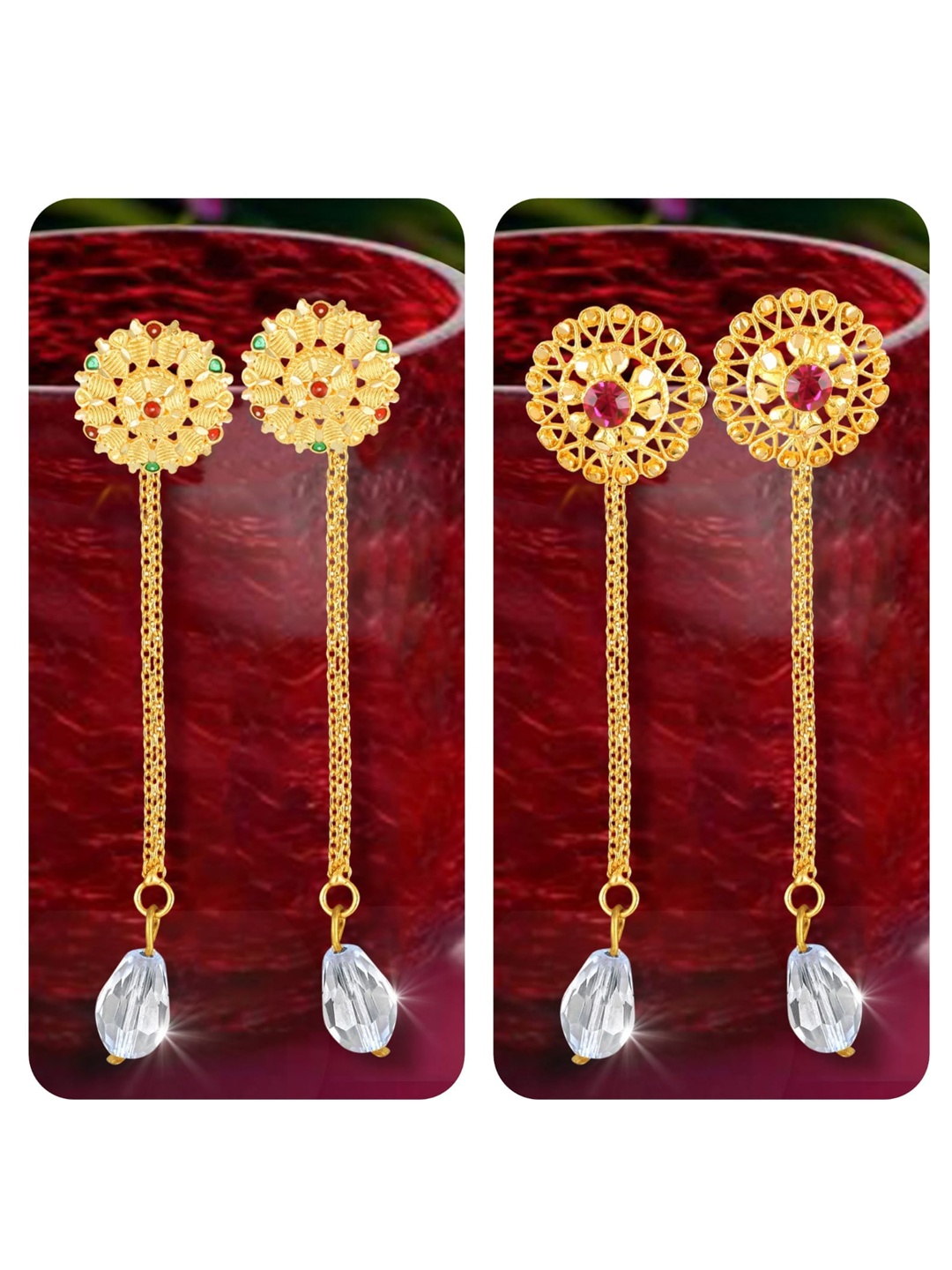 

Vighnaharta Set Of 2 Gold-Plated Stud Earrings With Removable Chain Drop