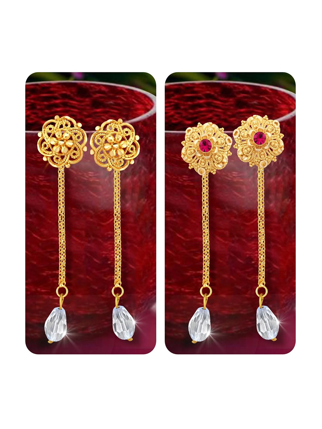

Vighnaharta Set Of 2 Gold-Plated Stud Earrings With Removable Chain Drop