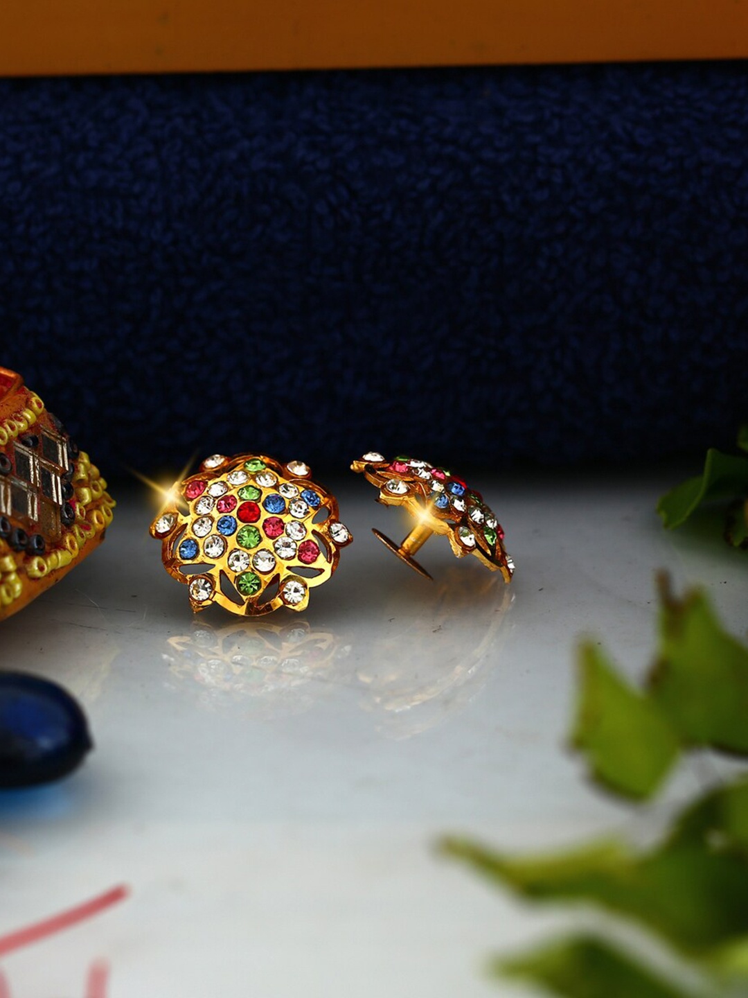 

Vighnaharta Set Of 2 Gold-Plated Crystal Studded Drop Earrings With Removable Studs