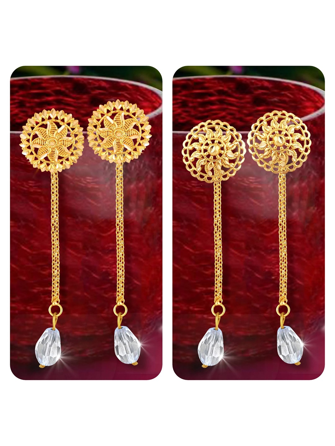 

Vighnaharta Set Of 2 Gold-Plated Stud Earrings With Removable Chain Drop