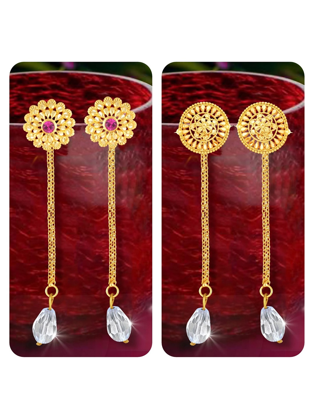 

Vighnaharta Set Of 2 Gold-Plated Studs Earrings With Removable Jhumkis