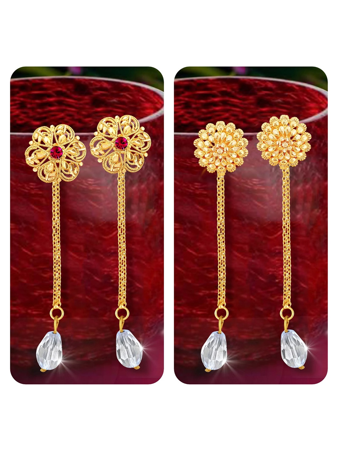 Vighnaharta Set Of 2 Gold-Plated Stud Earrings With Removable Chain Drop