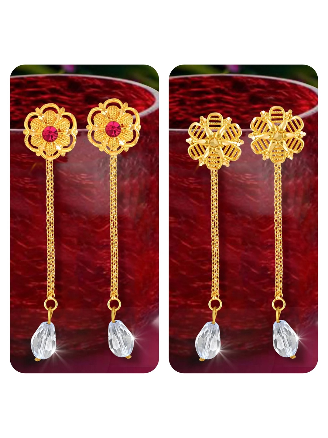 Vighnaharta Set Of 2 Gold-Plated Crystals-Studded Drop Earrings